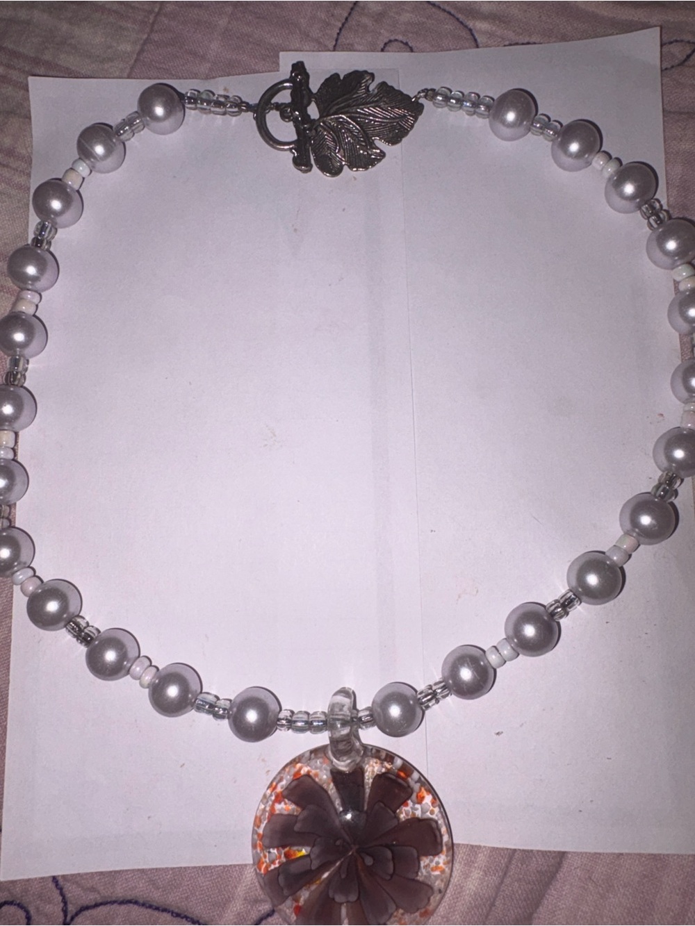 Handmade Pearlized Lilac Beaded Necklace with Floral Resin Glass Pendant - Picture 5 of 7